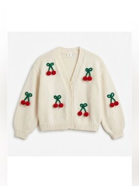 Anthropologie Luna Ivy 3D Retro Coquette Cherry Pom Oversized Knit Cardigan